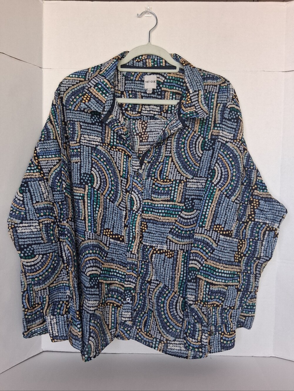 Patterned Button-Up Shirt in Blue, Teal & Brown
